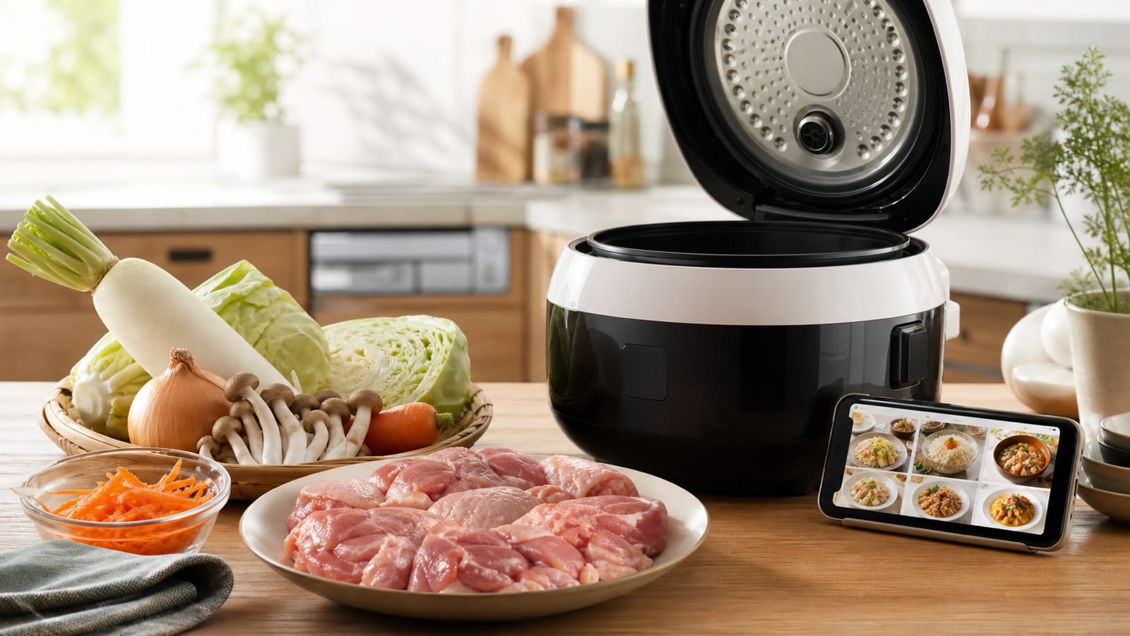 A smart cooker with chicken thigh and leftover vegetables for a meal planning article