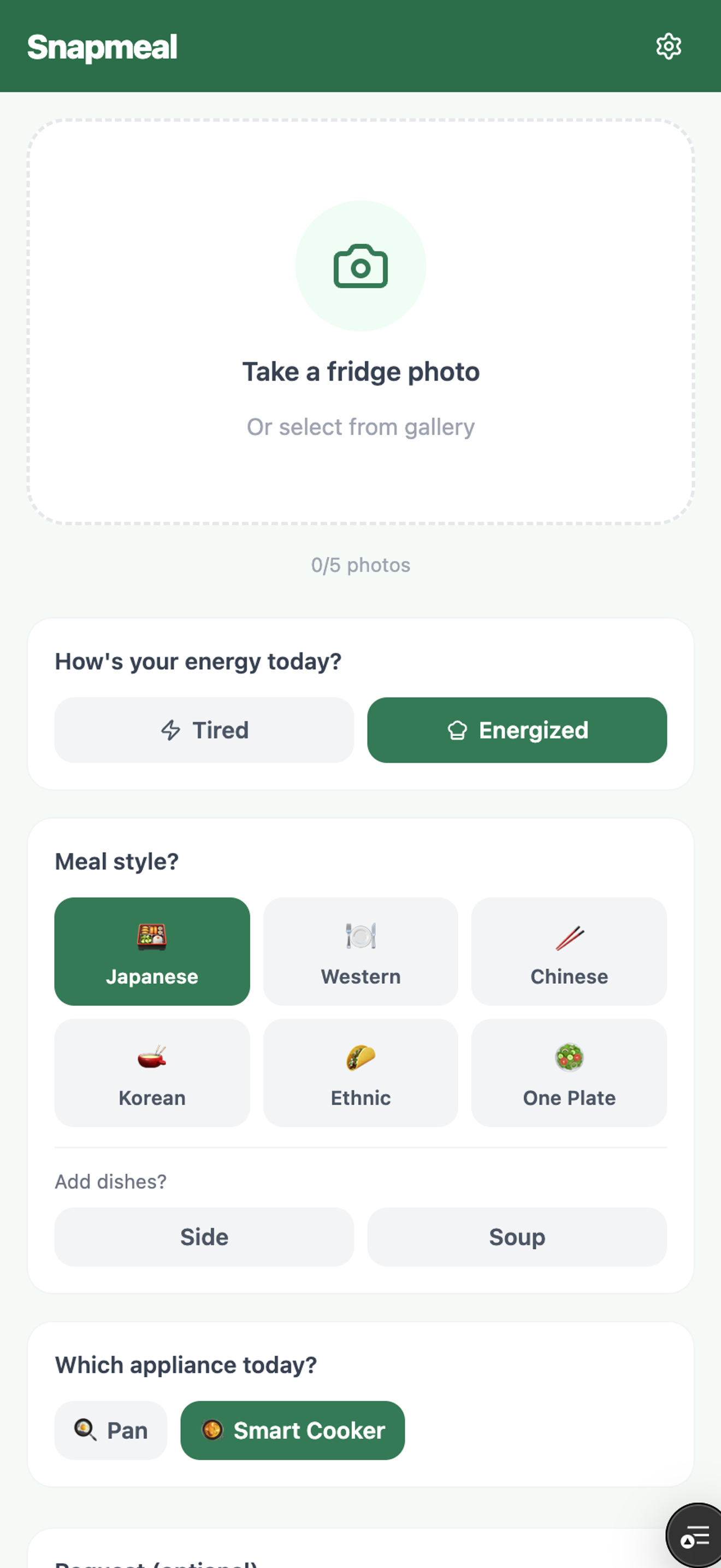 Home screen — take a fridge photo and pick meal style