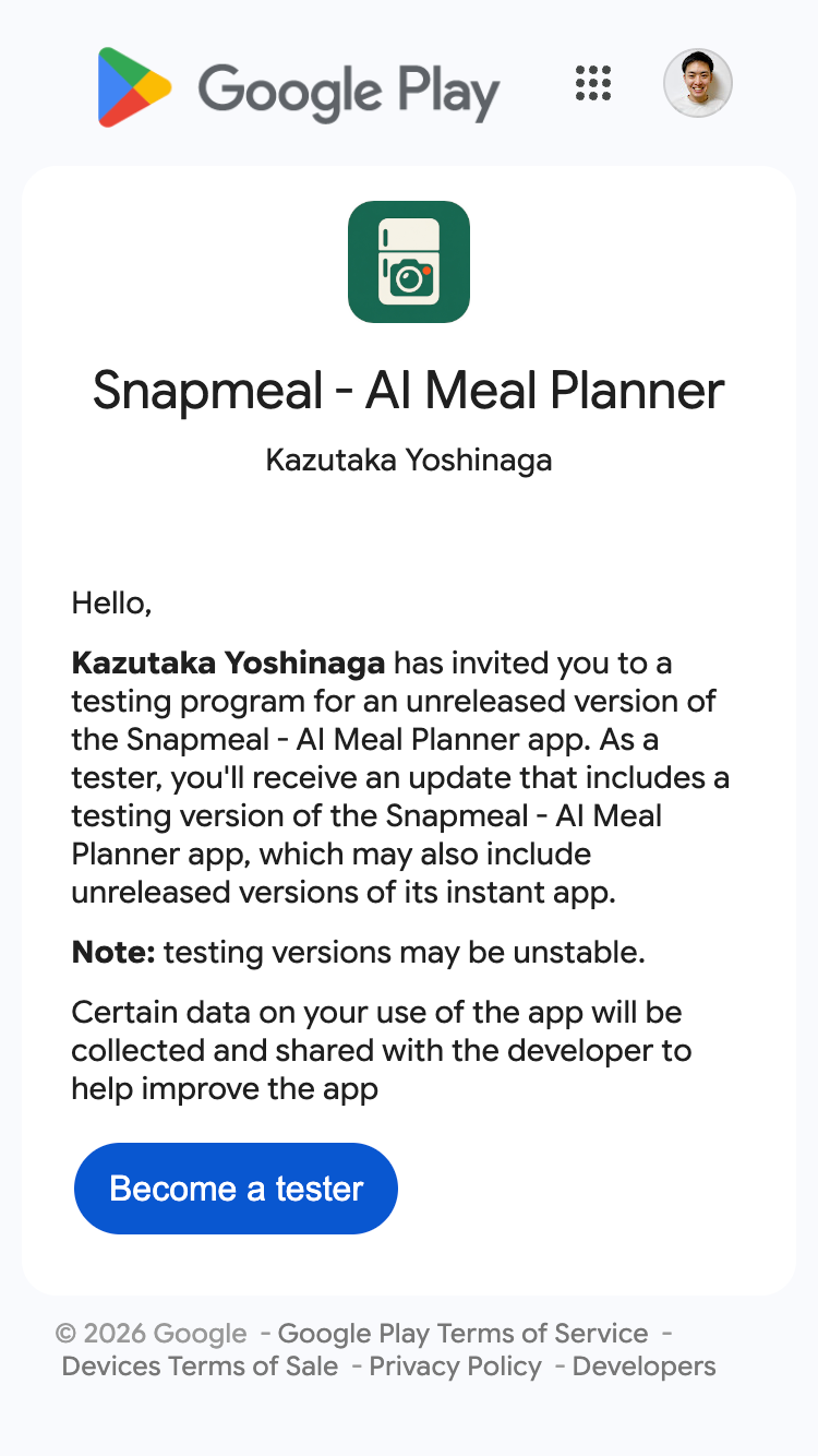 Google Play の Snapmeal テスト参加画面 — アプリアイコン・インストールボタン